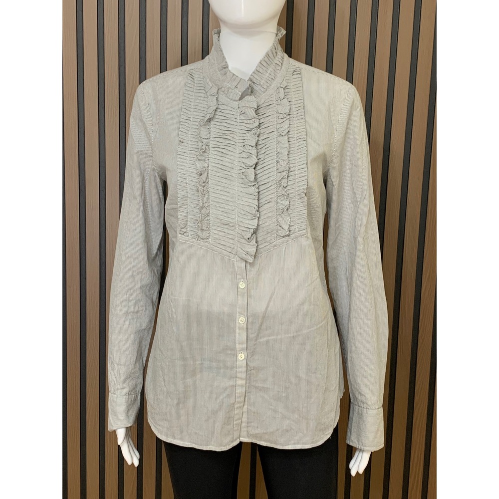 J.Crew Women's Gray White Micro Stripe Ruffle Bib Tuxedo Shirt Size 4 Cotton